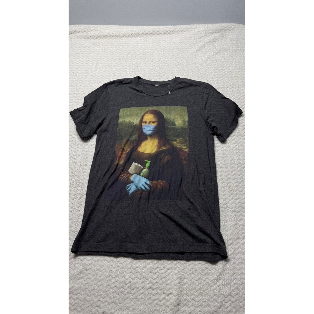 Mona Lisa Mask Hand Sanitizer Parody Graphic T-Shirt Charcoal Gray 4634